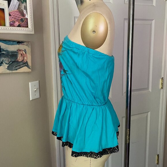 CRAFTY COUTURE Turquoise Floral Y2K Smocked waist Strapless TANK Shirt *X-SMALL* - Picture 3 of 5